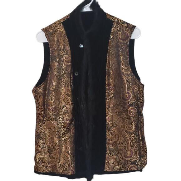 Chico's Vintage Velvet Paisley Vest Fur Trim Size 1/M Reversible Bohemian - Picture 5 of 10